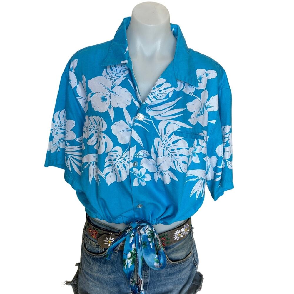 Hawaiian Shirt Button Down Crop Top One Size Oversized Hibiscus Turquoise Unique